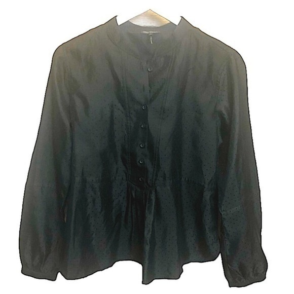 Oleg Cassini Black Tuxedo Polka Dot Mandarin Collar Button Up Blouse Med… - Picture 1 of 16